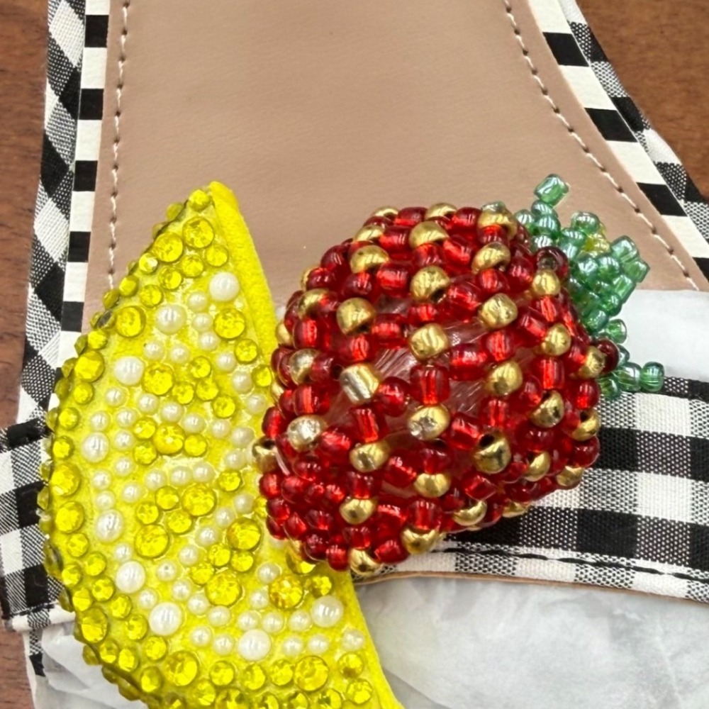 Betsey‎ Johnson Harlen Gingham Fruit Beaded Clear Wedge Sandals Black White 7.5 - Picture 12 of 14